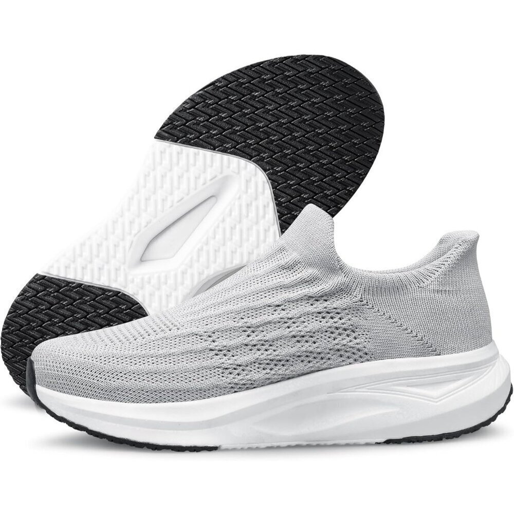 🆕Women Grey Slip On Walking Shoes Flat Lightweight Breathable Casual Sneakers